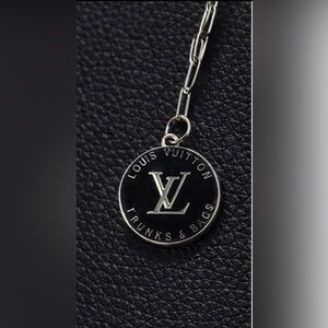 LV Black and Silver Round Trunks &Bags pendant on 18” Silver paperclip chain